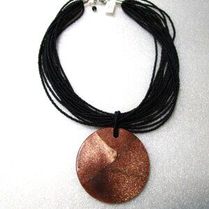 HILARY LONDON NECKLACE BLACK SEED BEAD STRANDS WITH COPPERTONE Lg DISC. NEW.